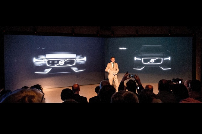 The front of Volvo's in the future will have a rectangular grill, T-shaped running lights, and a front air dam stemming from the emblem The front of Volvo's in the future will have a rectangular grill, T-shaped running lights, and a front air dam stemming from the emblem