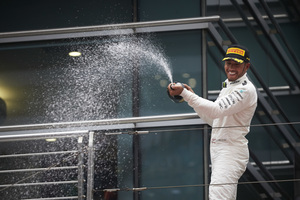 Hamilton celebrates his first win of the season in Shanghai
