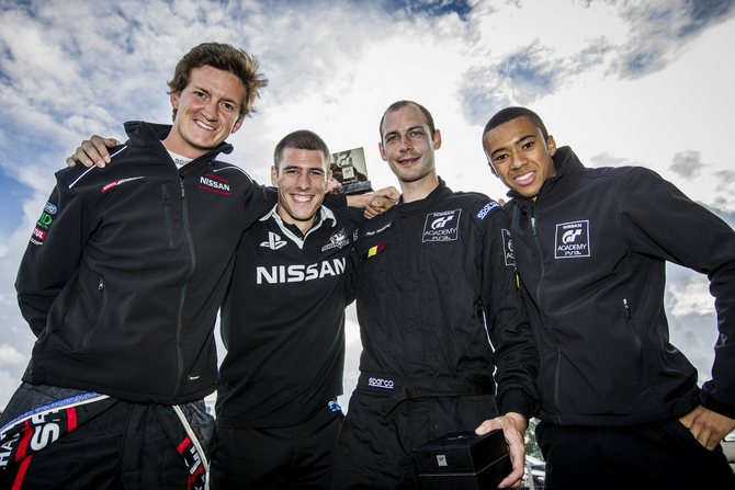 Riep poses with previous winners Lucas Ordonez, Jordan Tresson and Jann Mardenborough Riep poses with previous winners Lucas Ordonez, Jordan Tresson and Jann Mardenborough