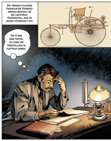 A banda desenhada conta a história de Carl Benz ao longo de 52 páginas A banda desenhada conta a história de Carl Benz ao longo de 52 páginas