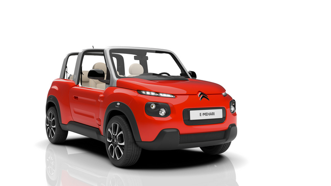 O e-Mehari tem uma configuração descapotável com uma carroçaria muscular ao estilo SUV O e-Mehari tem uma configuração descapotável com uma carroçaria muscular ao estilo SUV