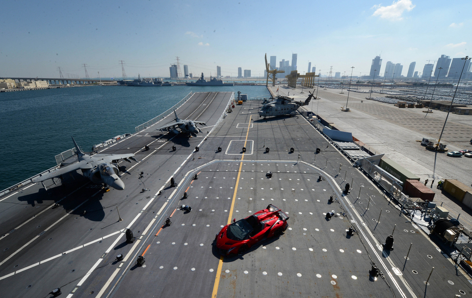 The car was unveiled on an Italian aircraft carrier in Abu Dhabi