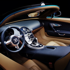 The interior offers a mix of brown and blue leather with blue stitching.