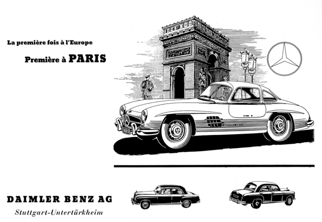 Mercedes-Benz 300 SL (W 198 I, 1954 bis 1957). Werbeanzeige von 1954, Frankreich. Mercedes-Benz 300 SL (W 198 I, 1954 bis 1957). Werbeanzeige von 1954, Frankreich.
