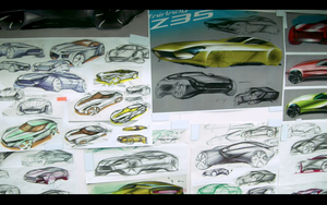 A wall of possible designs for the next car